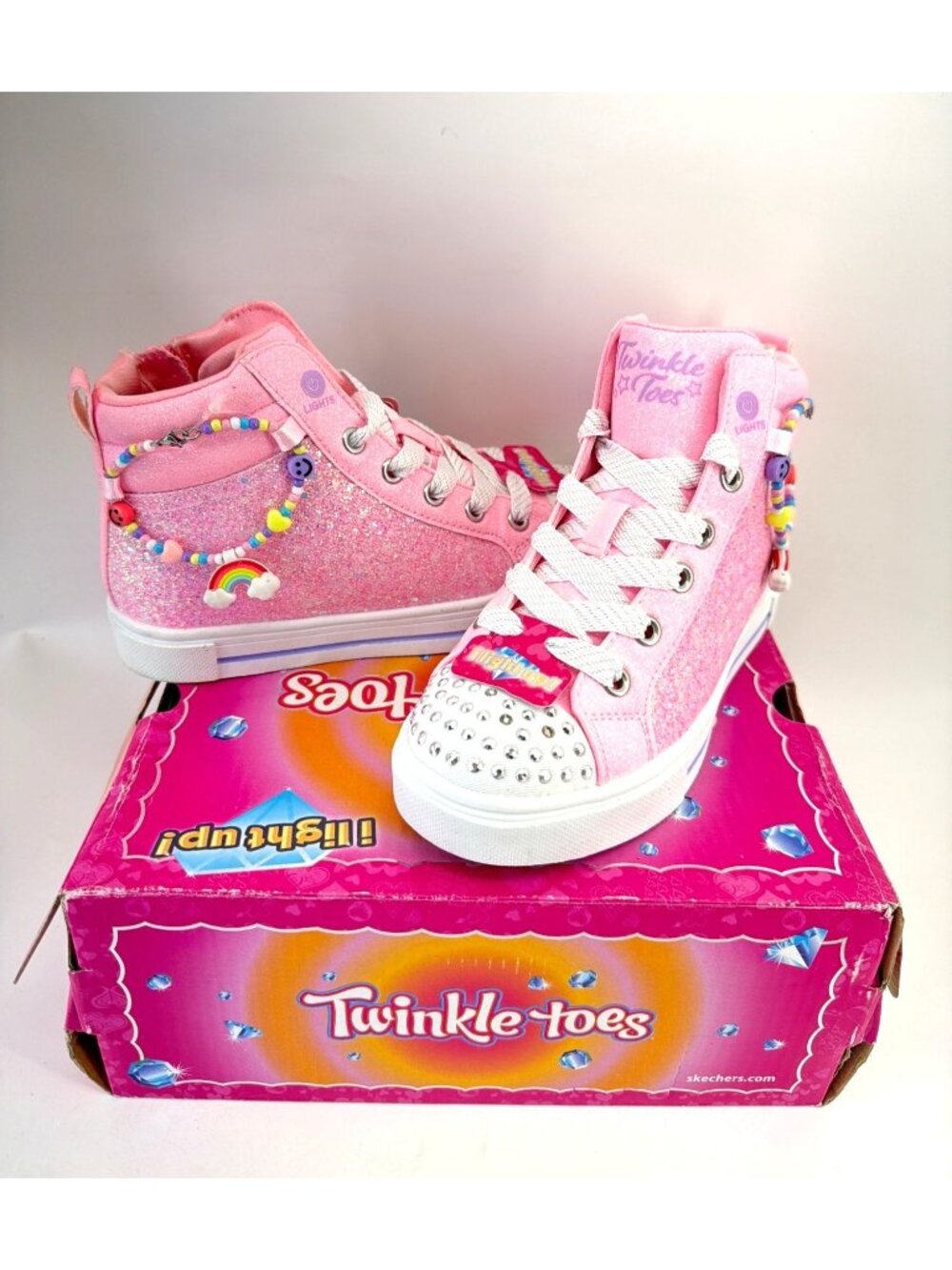 Skechers Twinkle Toes Light Up Sneakers Glitter Pink High Tops Little Kids Sz 1